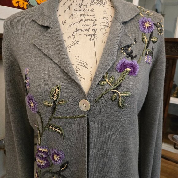 Spiegel Sweaters - Rare Vintage Spiegel Floral Embroidered Long Cardigan, Sz S